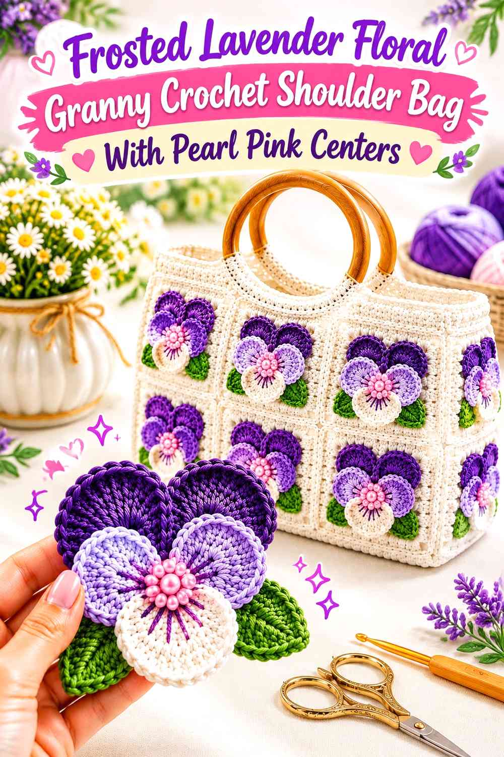 Frosted Lavender Floral Granny Crochet Shoulder Bag With Pearl Pink Centers