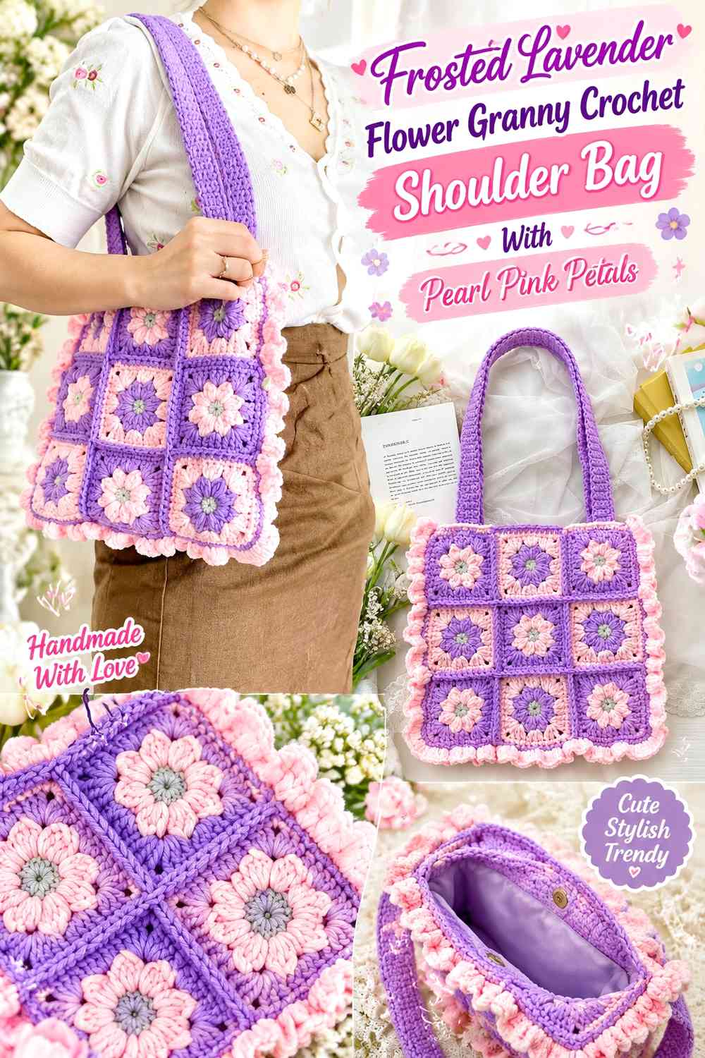 Frosted Lavender Flower Granny Crochet Shoulder Bag With Pearl Pink Petals