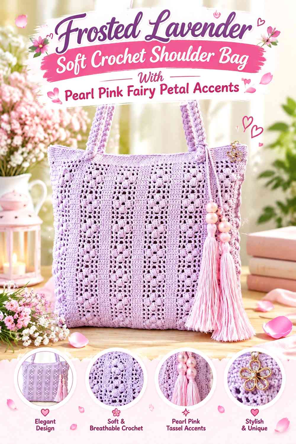 Frosted Lavender Soft Crochet Shoulder Bag With Pearl Pink Fairy Petal Accents
