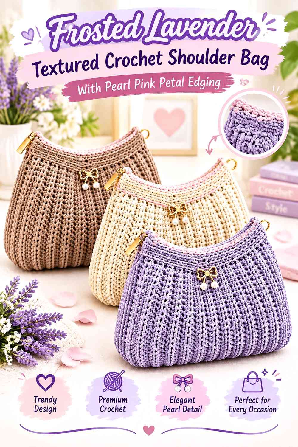 Frosted Lavender Textured Crochet Shoulder Bag With Pearl Pink Petal Edging
