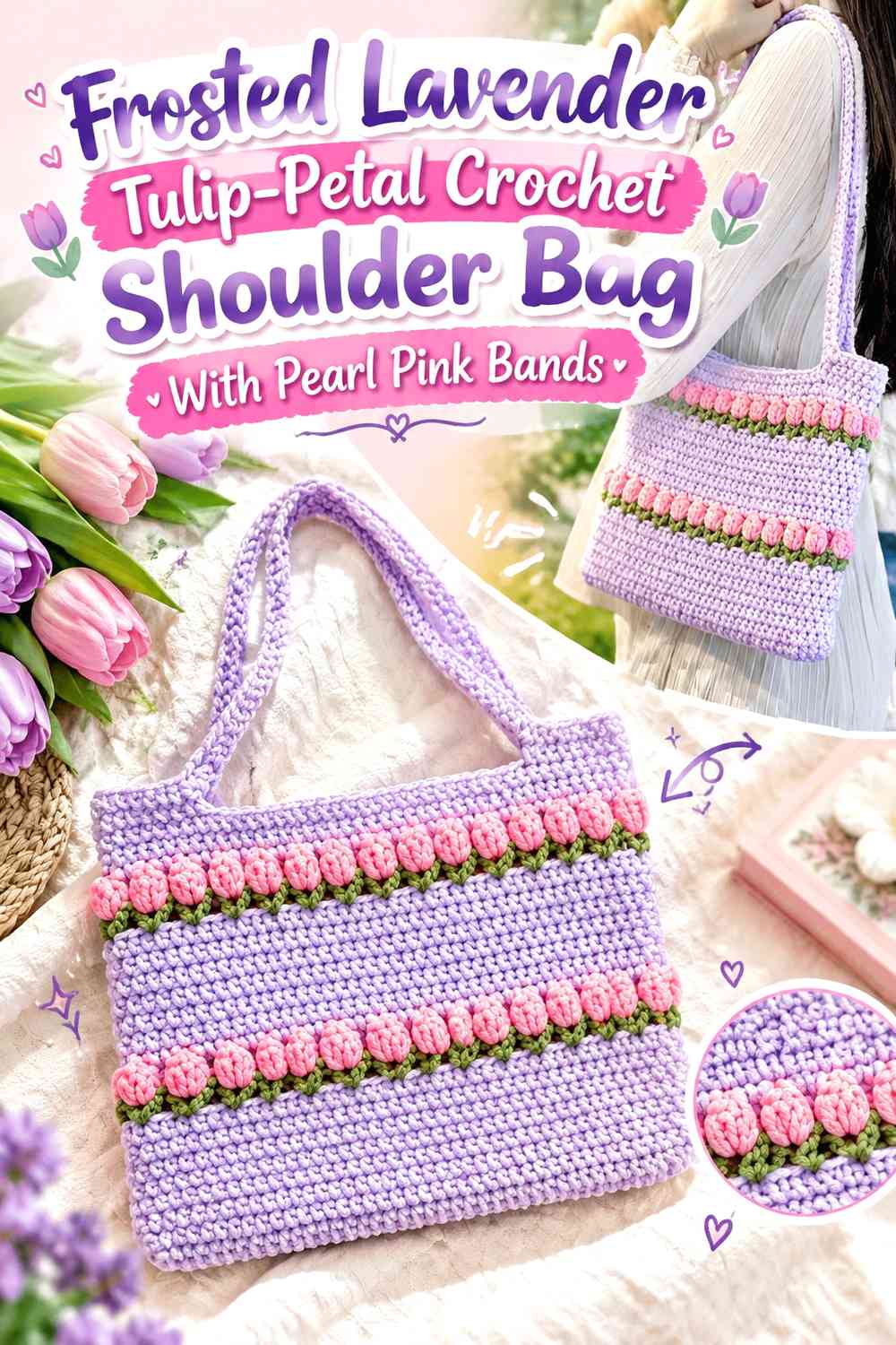 Frosted Lavender Tulip-Petal Crochet Shoulder Bag With Pearl Pink Bands