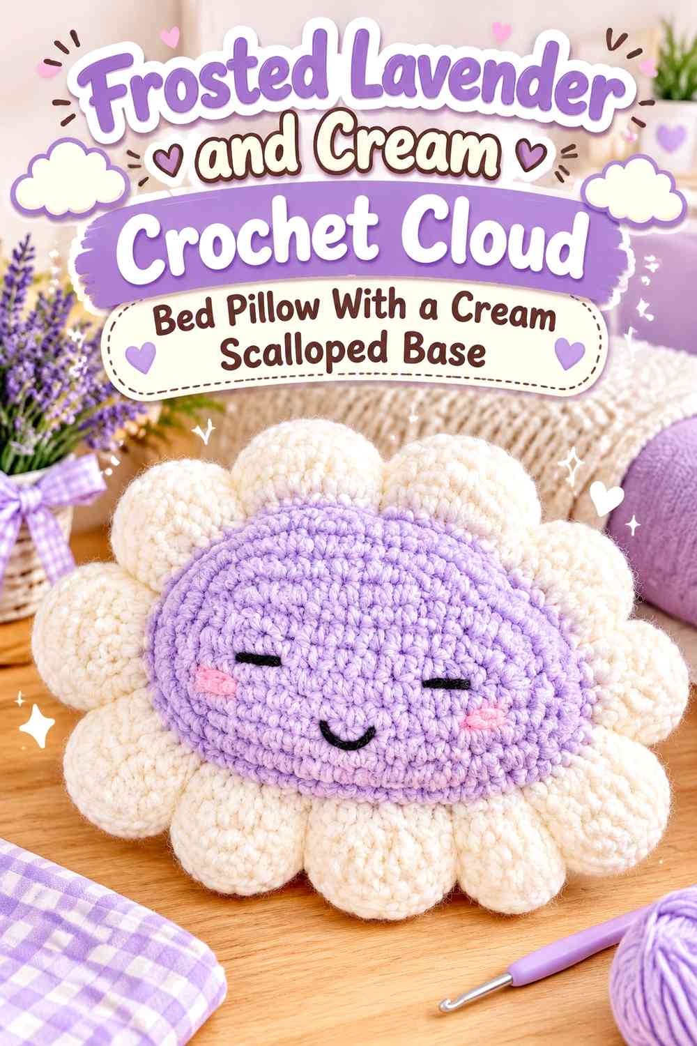 Frosted Lavender and Cream Crochet Cloud Bed Pillow With a Cream Scalloped Base
