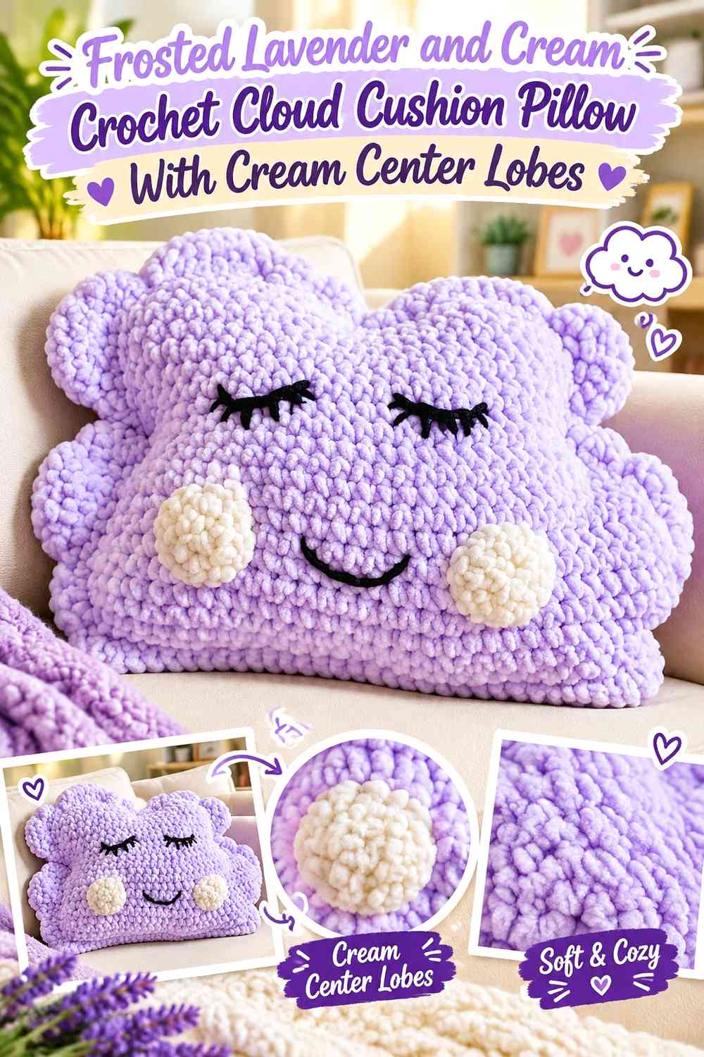 Frosted Lavender and Cream Crochet Cloud Cushion Pillow With Cream Center Lobes