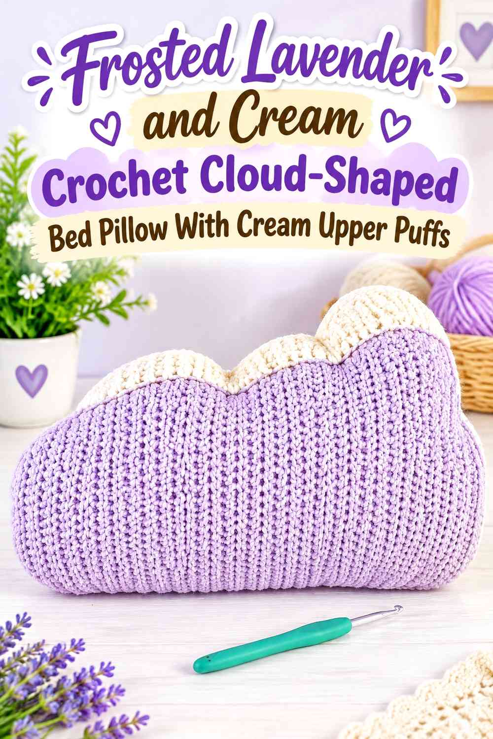 Frosted Lavender and Cream Crochet Cloud-Shaped Bed Pillow With Cream Upper Puffs