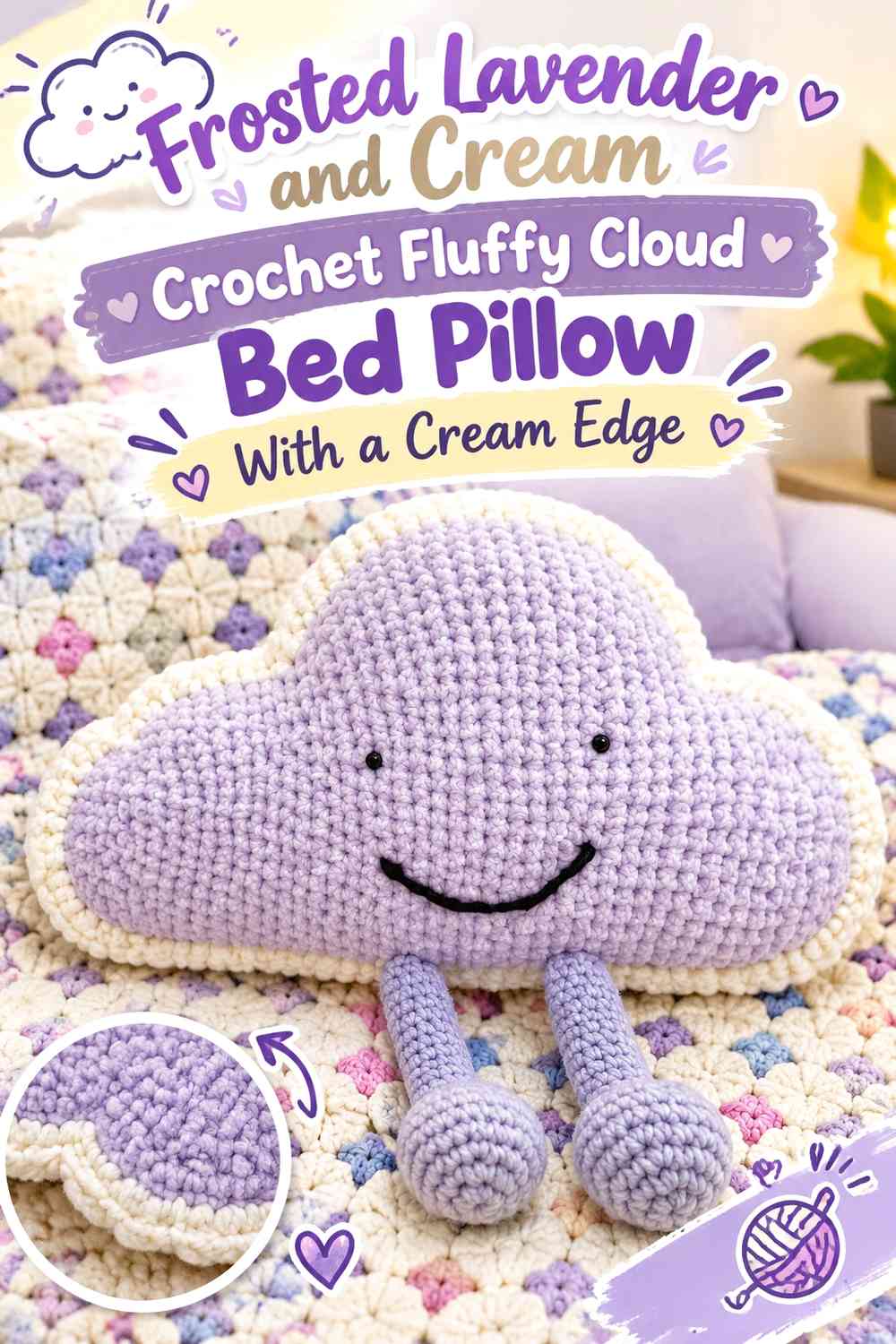 Frosted Lavender and Cream Crochet Fluffy Cloud Bed Pillow With a Cream Edge