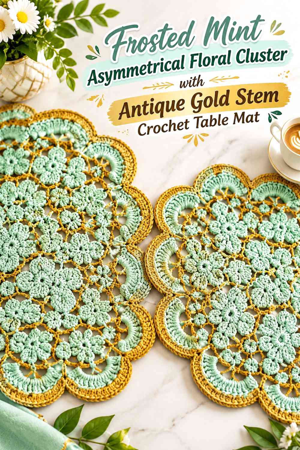 Frosted Mint Asymmetrical Floral Cluster with Antique Gold Stem Crochet Table Mat