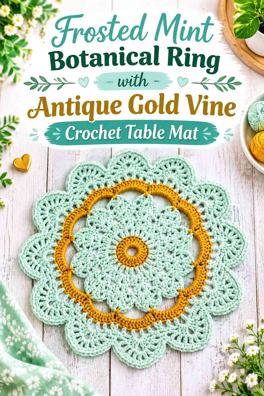 Frosted Mint Botanical Ring with Antique Gold Vine Crochet Table Mat