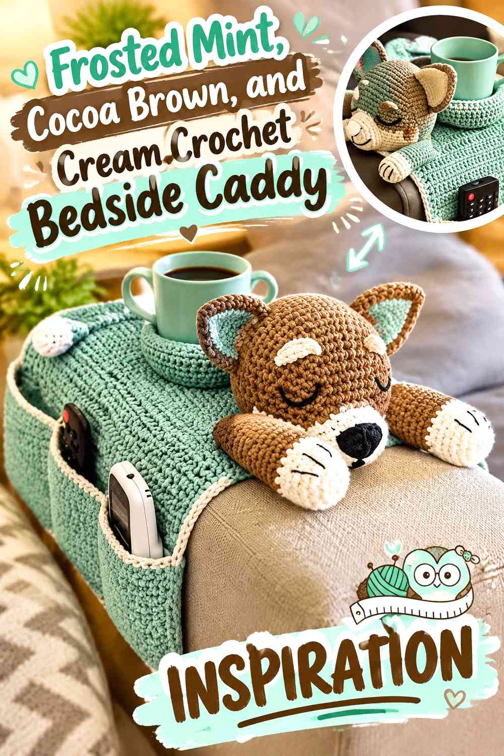 Frosted Mint, Cocoa Brown, and Cream Crochet Bedside Caddy
