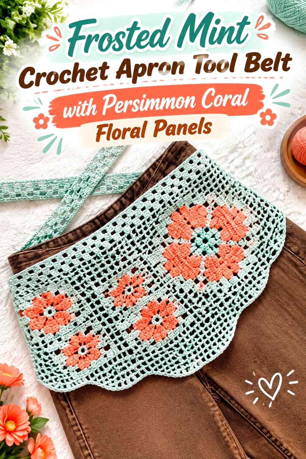 Frosted Mint Crochet Apron Tool Belt with Persimmon Coral Floral Panels