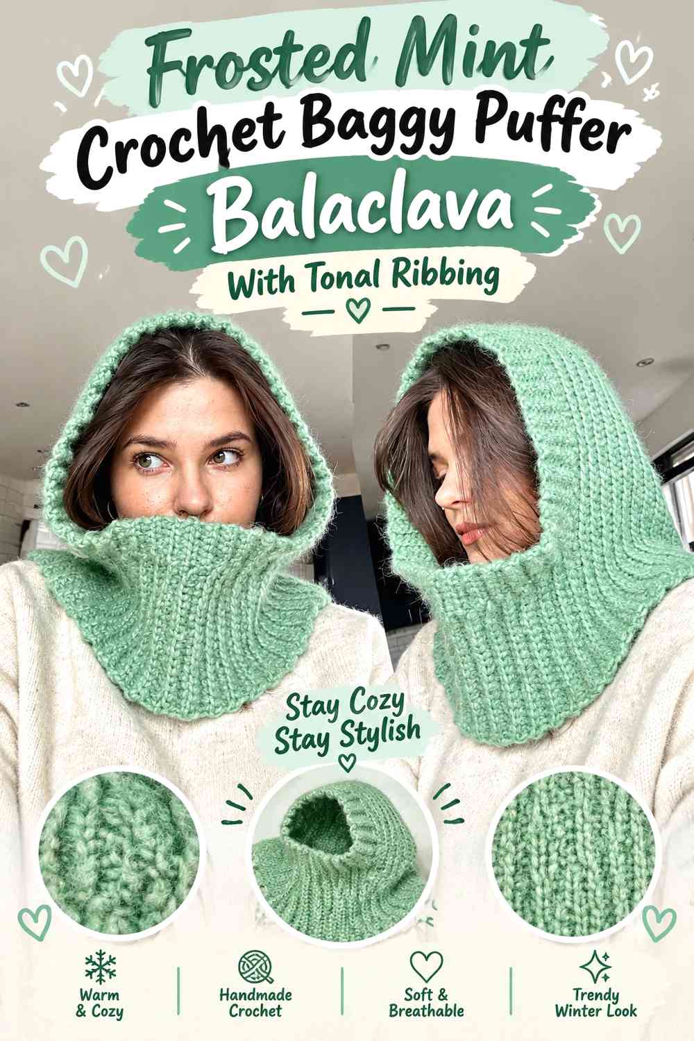 Frosted Mint Crochet Baggy Puffer Balaclava With Tonal Ribbing