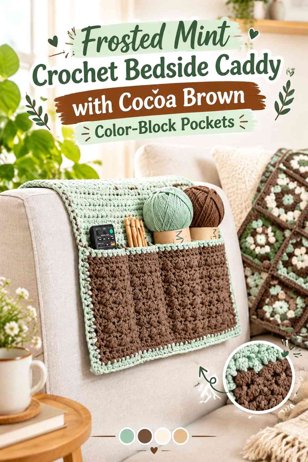 Frosted Mint Crochet Bedside Caddy with Cocoa Brown Color-Block Pockets