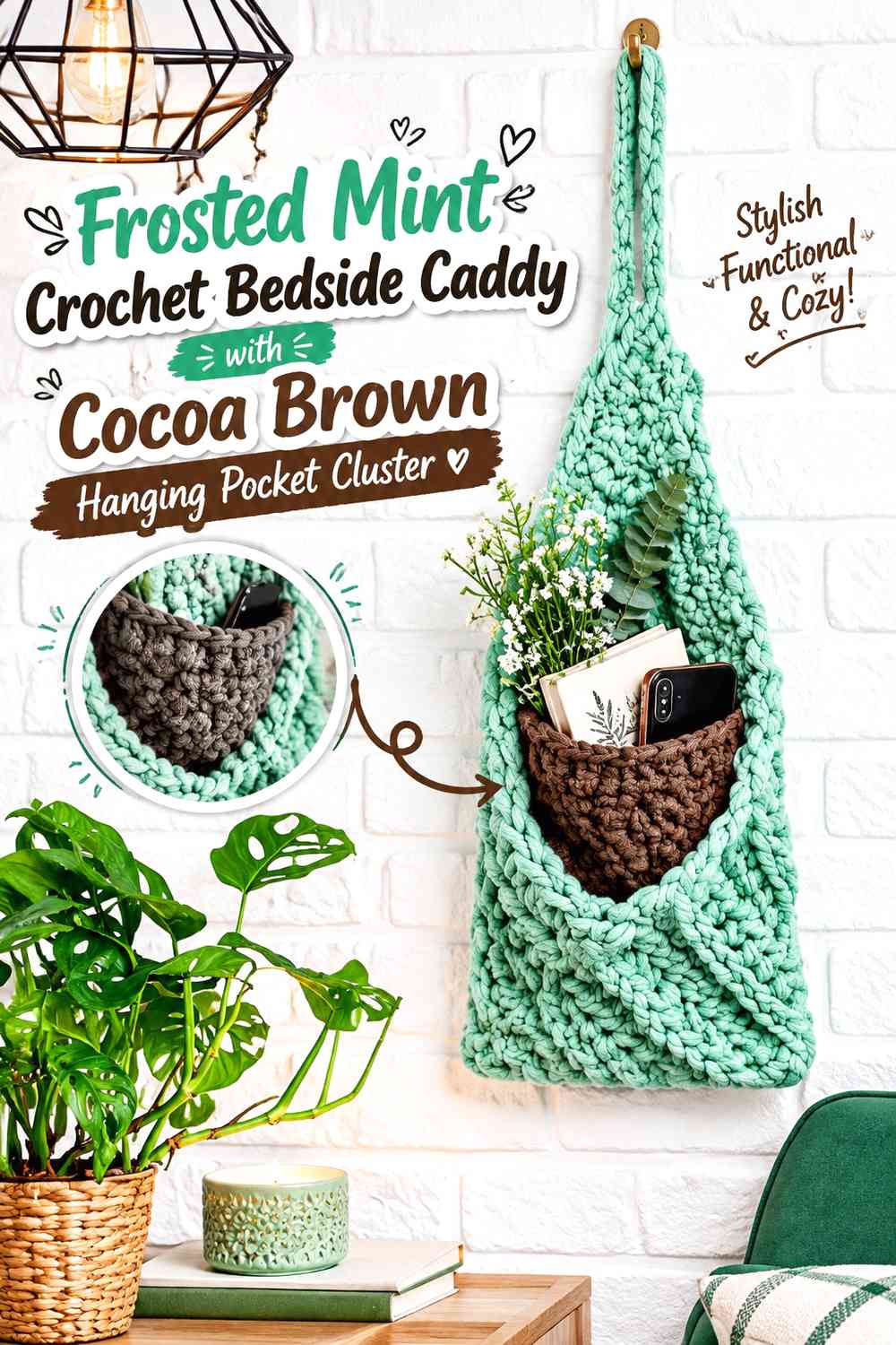 Frosted Mint Crochet Bedside Caddy with Cocoa Brown Hanging Pocket Cluster