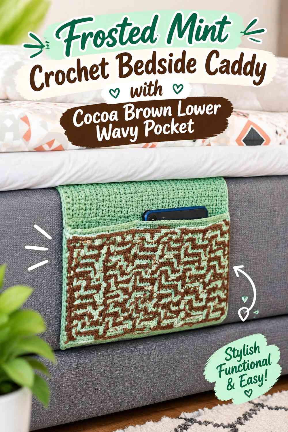 Frosted Mint Crochet Bedside Caddy with Cocoa Brown Lower Wavy Pocket