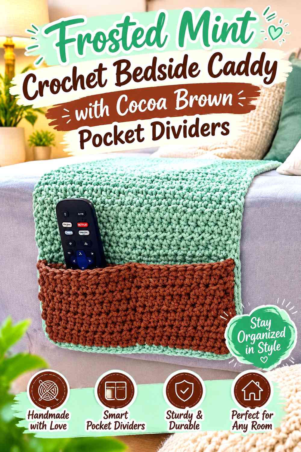 Frosted Mint Crochet Bedside Caddy with Cocoa Brown Pocket Dividers