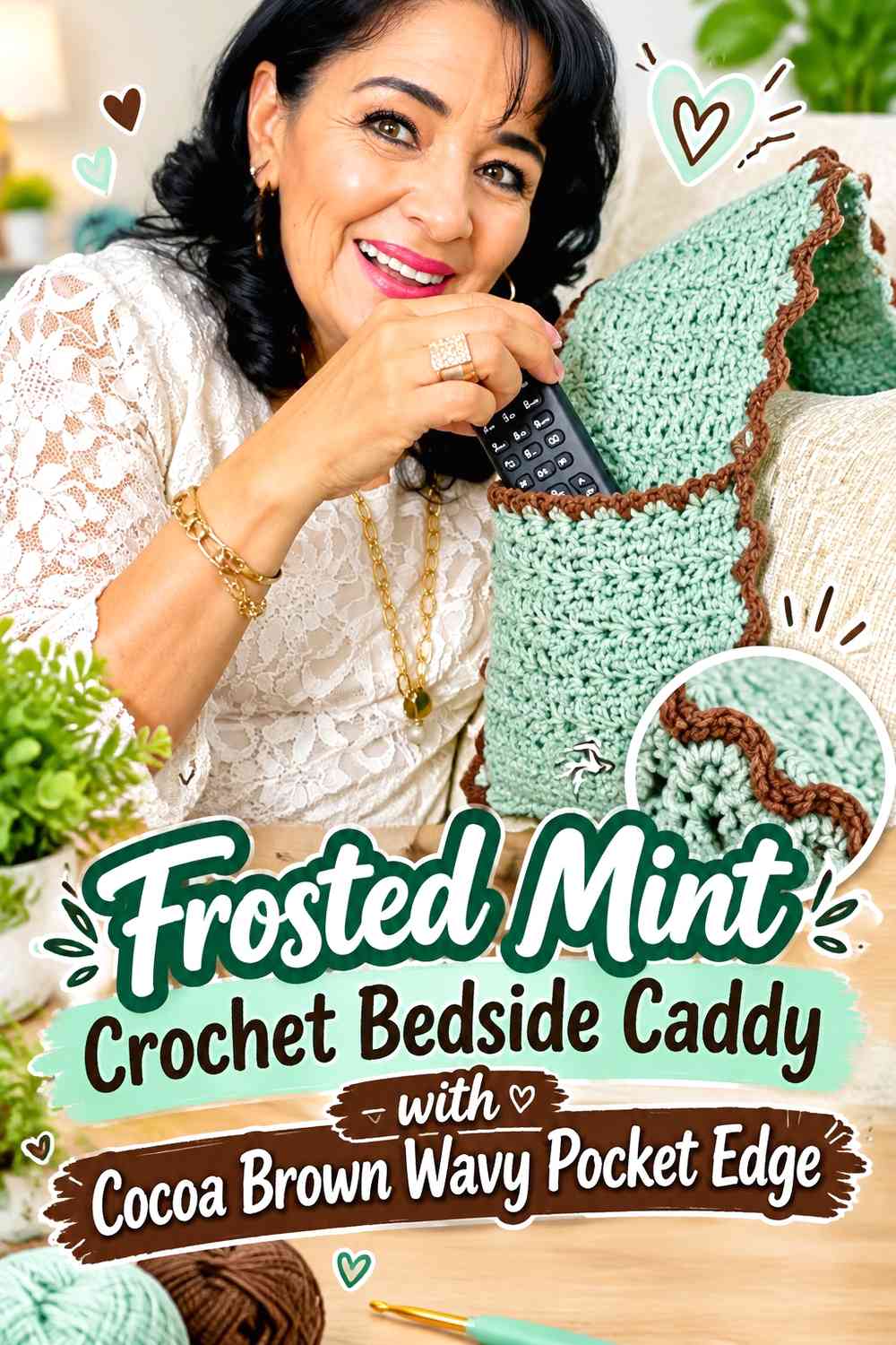 Frosted Mint Crochet Bedside Caddy with Cocoa Brown Wavy Pocket Edge