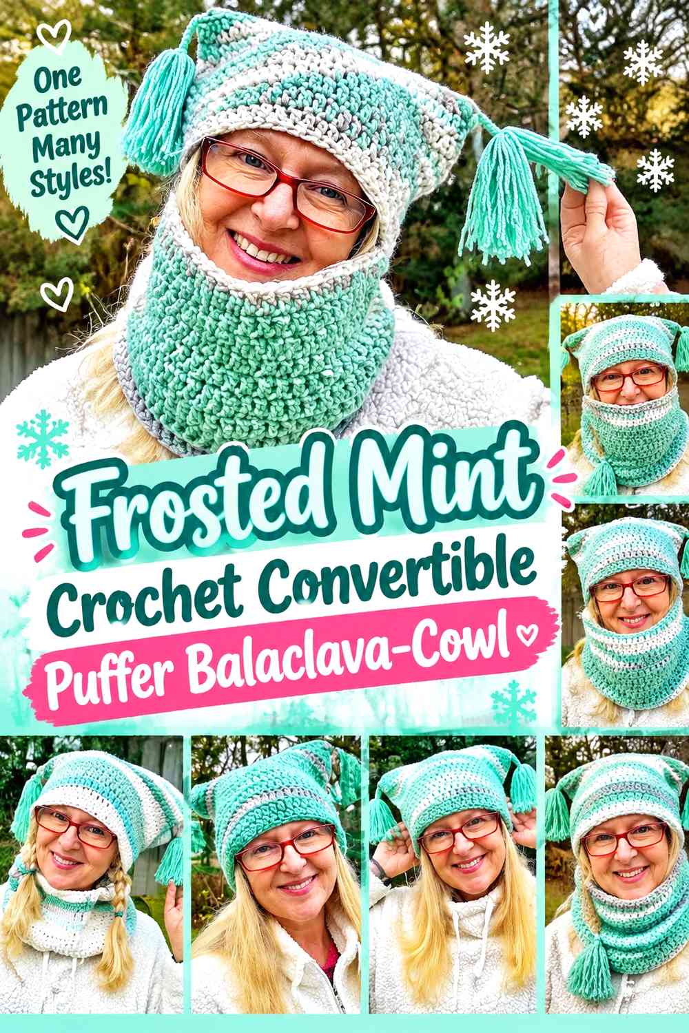 Frosted Mint Crochet Convertible Puffer Balaclava-Cowl