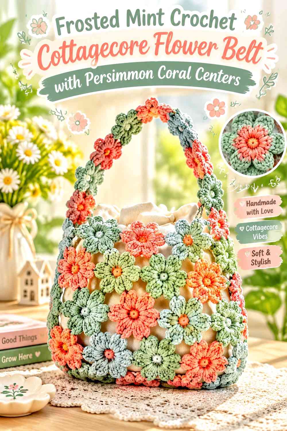 Frosted Mint Crochet Cottagecore Flower Belt with Persimmon Coral Centers