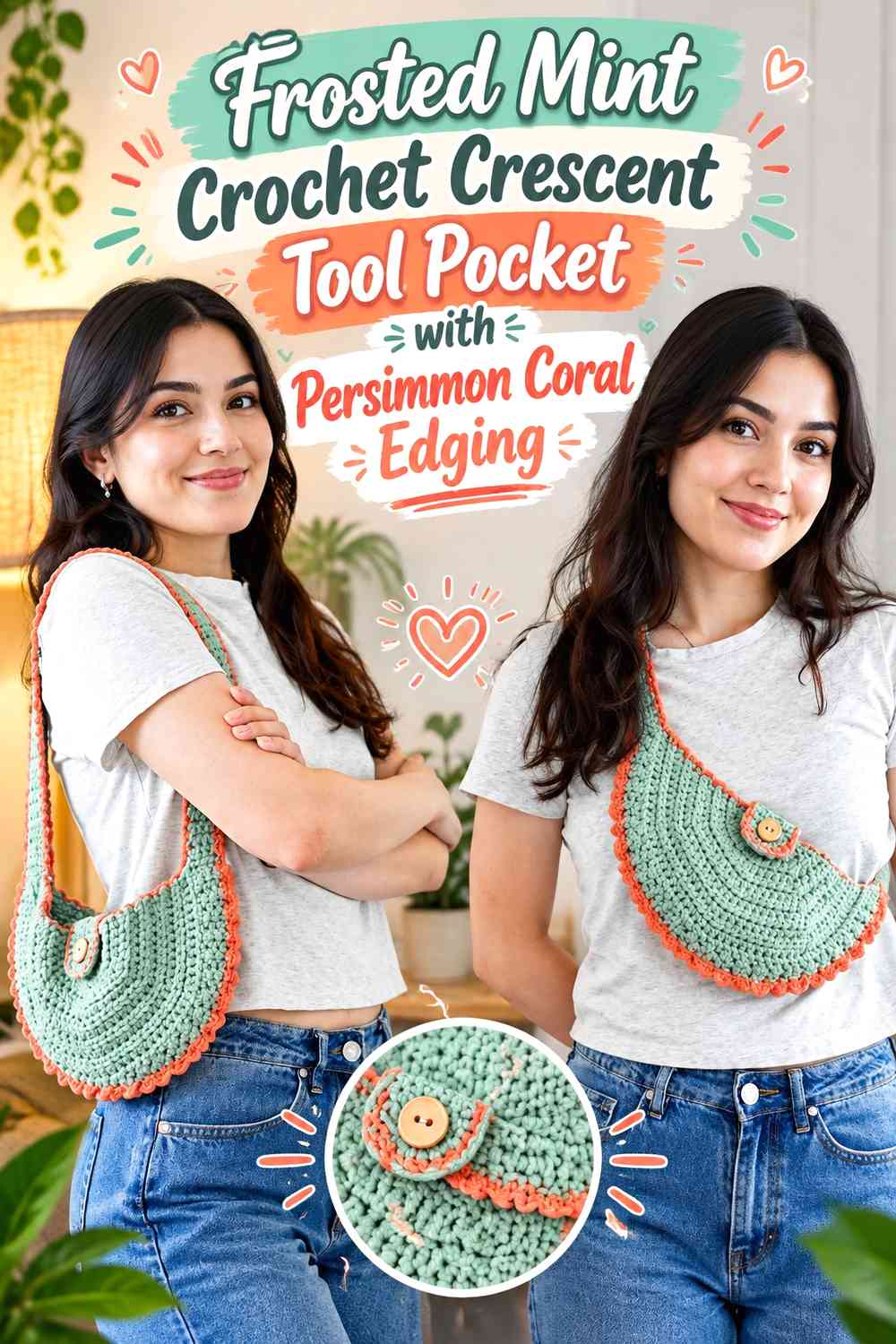 Frosted Mint Crochet Crescent Tool Pocket with Persimmon Coral Edging