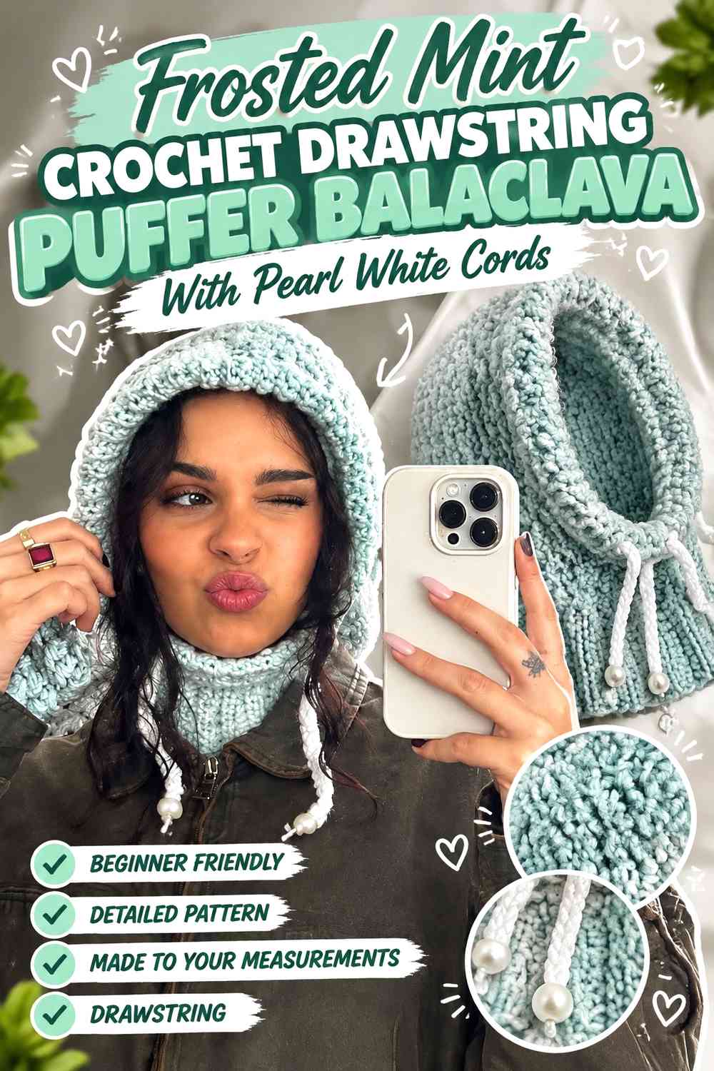 Frosted Mint Crochet Drawstring Puffer Balaclava With Pearl White Cords