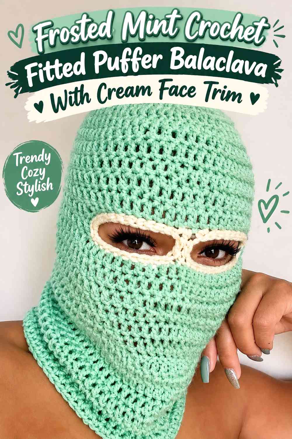 Frosted Mint Crochet Fitted Puffer Balaclava With Cream Face Trim