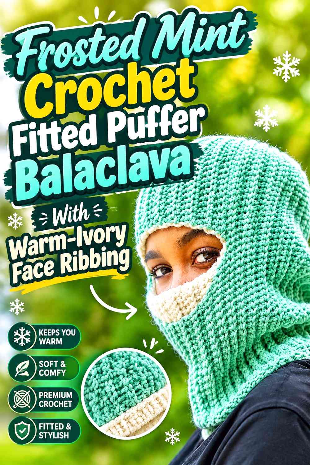 Frosted Mint Crochet Fitted Puffer Balaclava With Warm-Ivory Face Ribbing