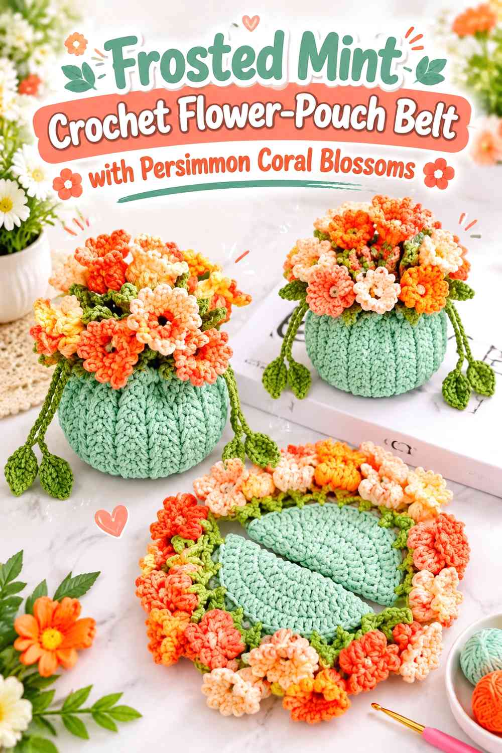 Frosted Mint Crochet Flower-Pouch Belt with Persimmon Coral Blossoms