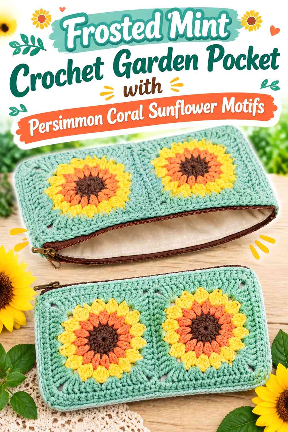 Frosted Mint Crochet Garden Pocket with Persimmon Coral Sunflower Motifs