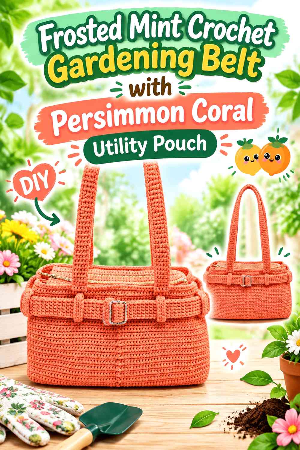 Frosted Mint Crochet Gardening Belt with Persimmon Coral Utility Pouch