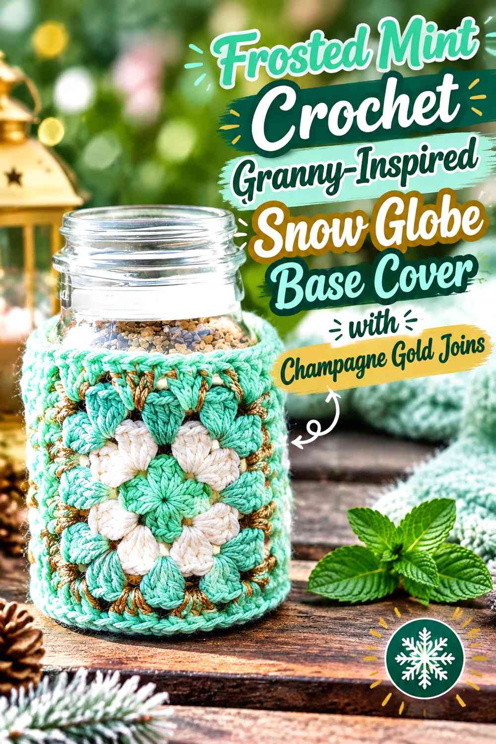 Frosted Mint Crochet Granny-Inspired Snow Globe Base Cover with Champagne Gold Joins