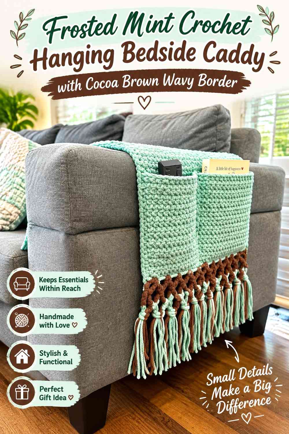 Frosted Mint Crochet Hanging Bedside Caddy with Cocoa Brown Wavy Border