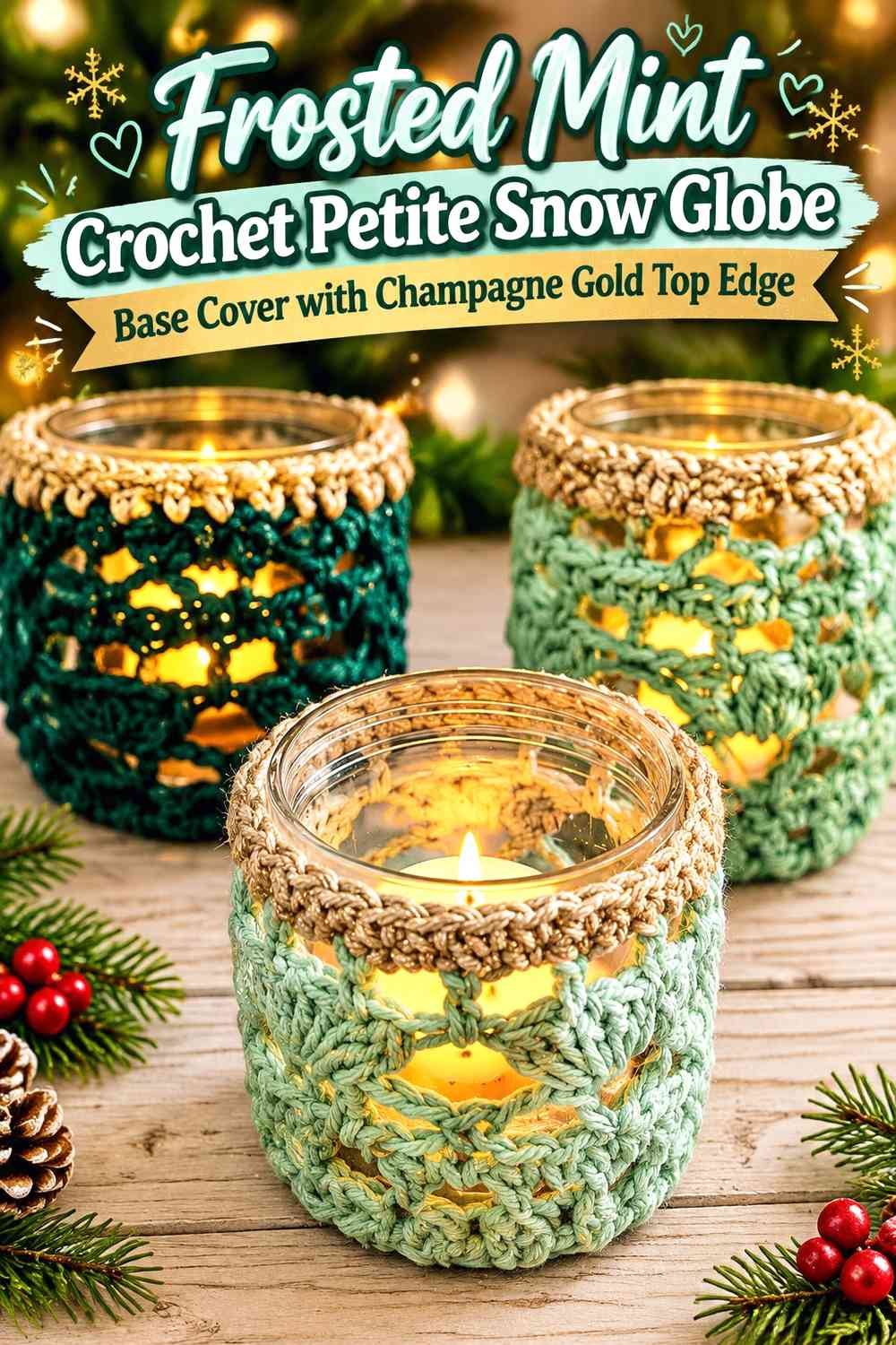 Frosted Mint Crochet Petite Snow Globe Base Cover with Champagne Gold Top Edge