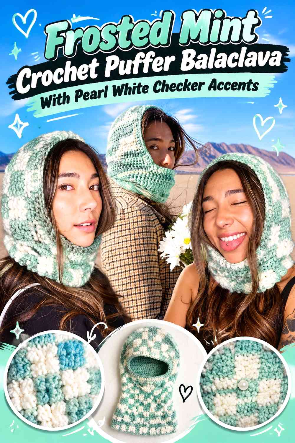 Frosted Mint Crochet Puffer Balaclava With Pearl White Checker Accents