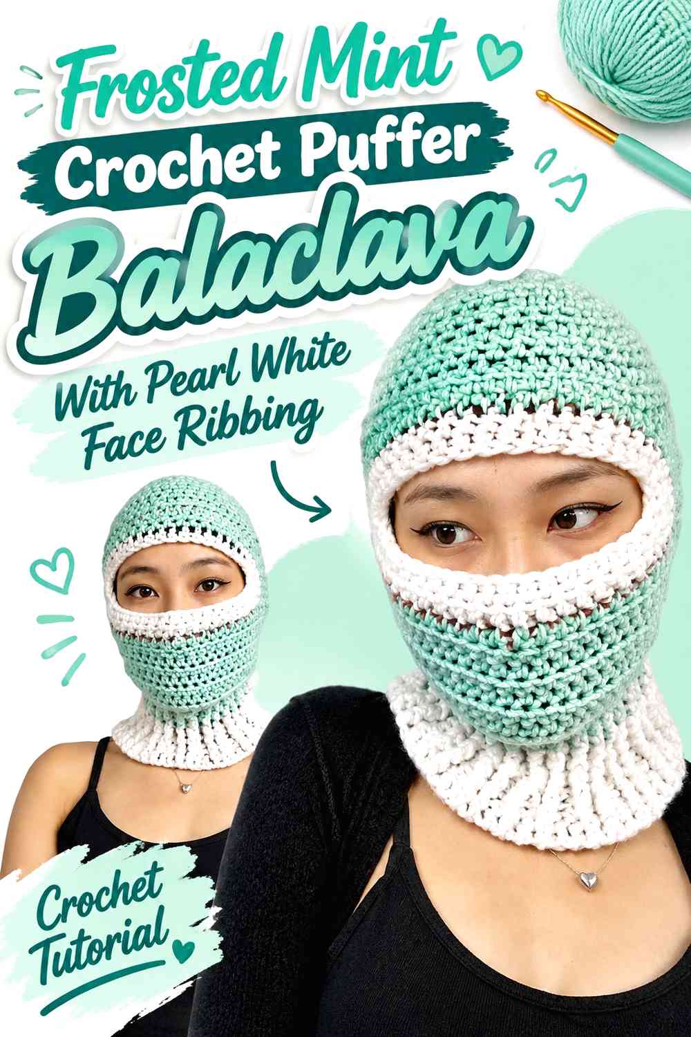 Frosted Mint Crochet Puffer Balaclava With Pearl White Face Ribbing