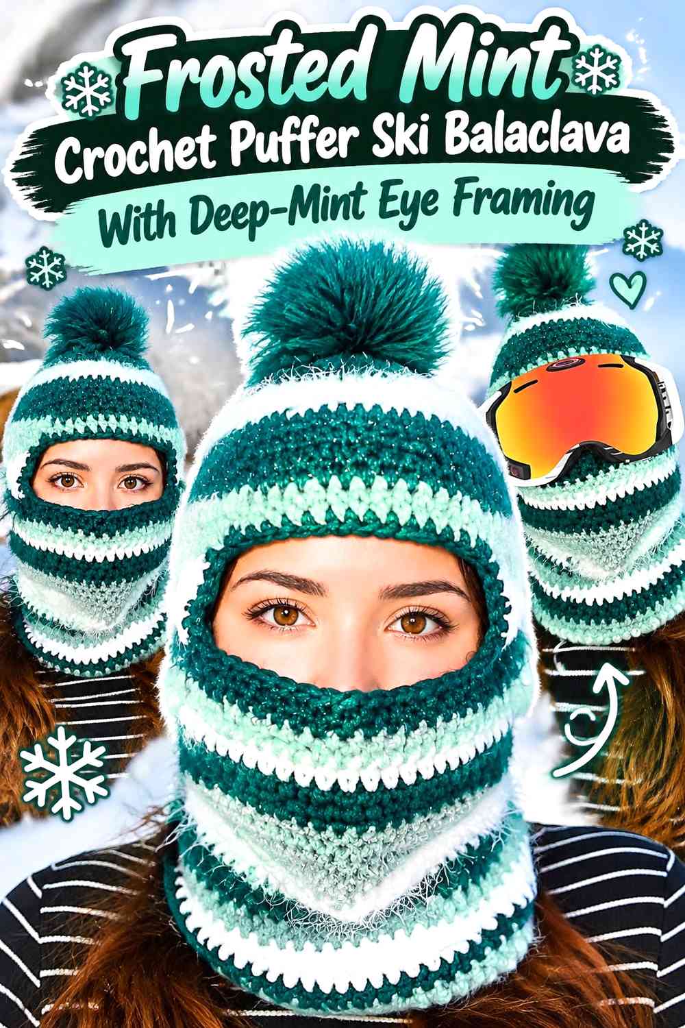 Frosted Mint Crochet Puffer Ski Balaclava With Deep-Mint Eye Framing