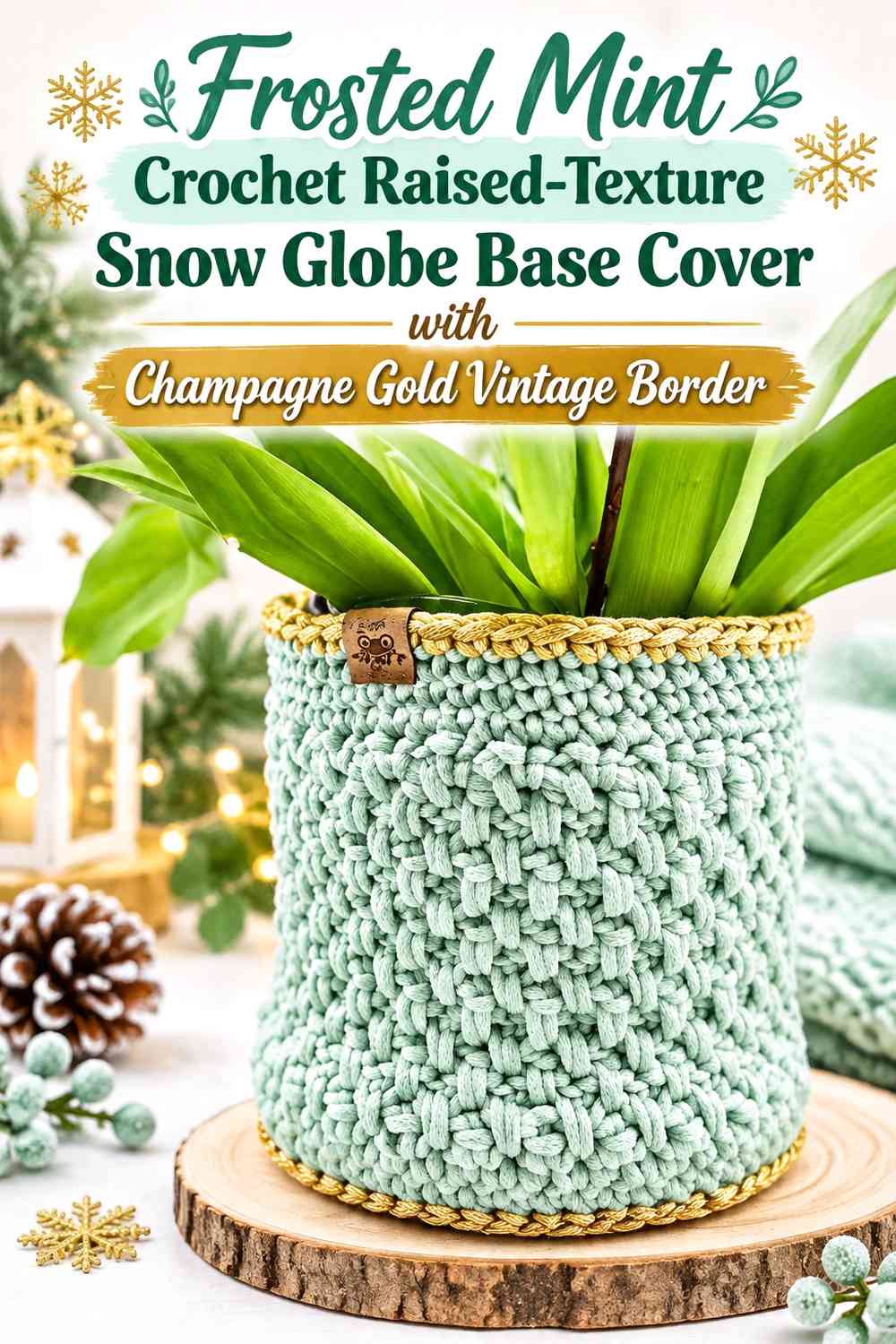Frosted Mint Crochet Raised-Texture Snow Globe Base Cover with Champagne Gold Vintage Border