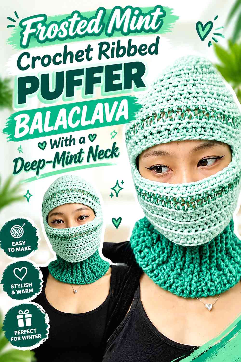 Frosted Mint Crochet Ribbed Puffer Balaclava With a Deep-Mint Neck