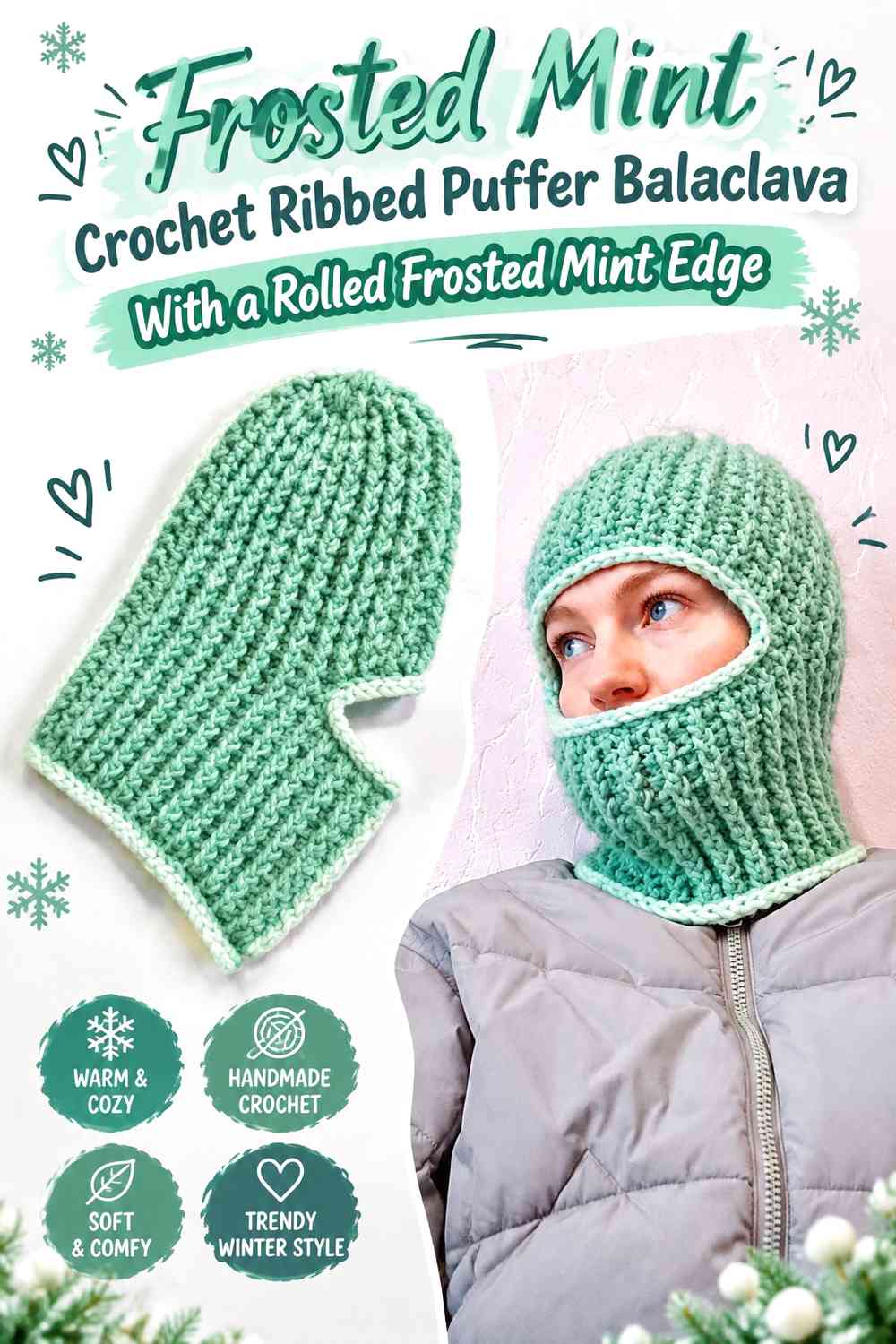 Frosted Mint Crochet Ribbed Puffer Balaclava With a Rolled Frosted Mint Edge