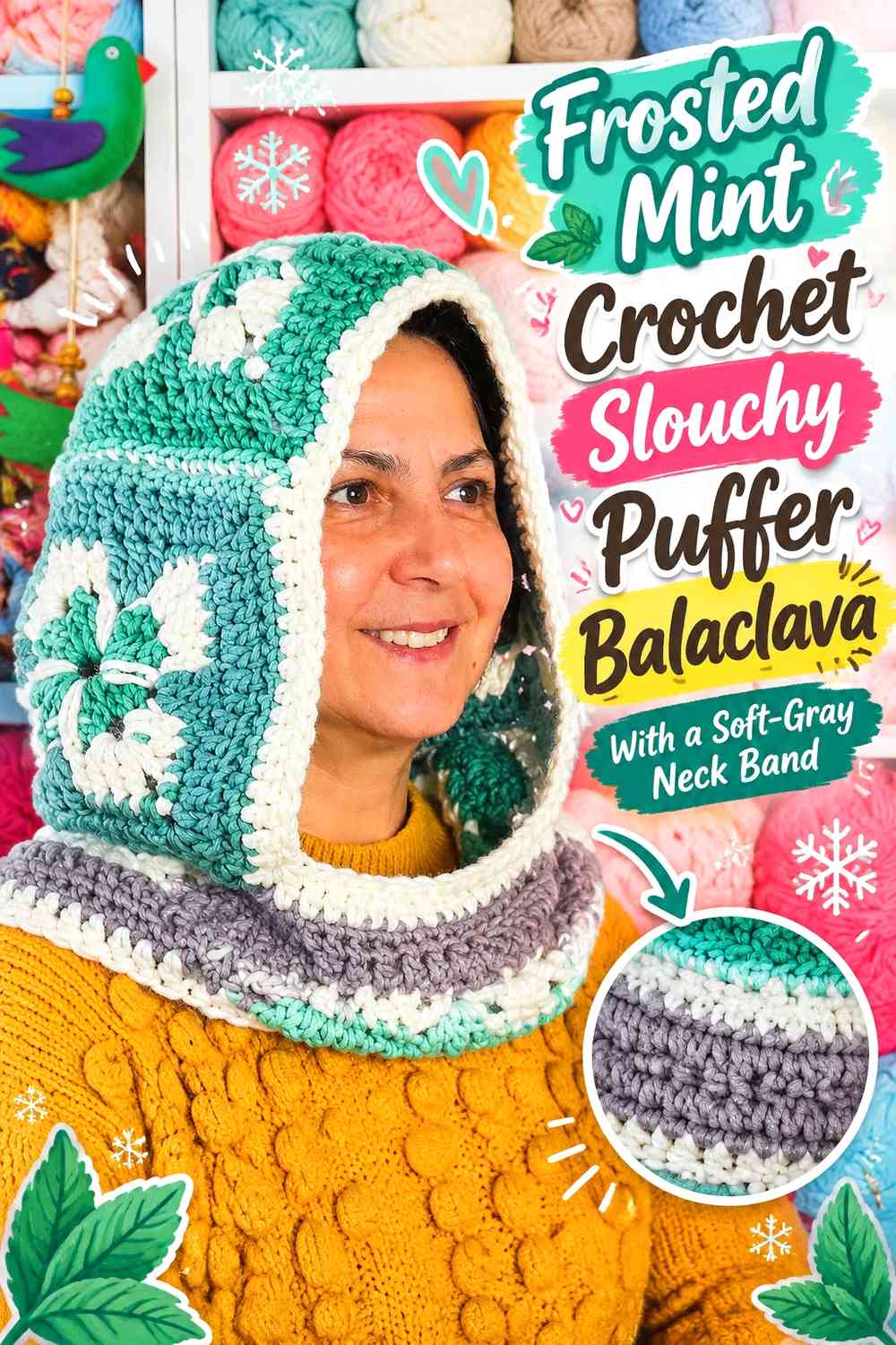 Frosted Mint Crochet Slouchy Puffer Balaclava With a Soft-Gray Neck Band