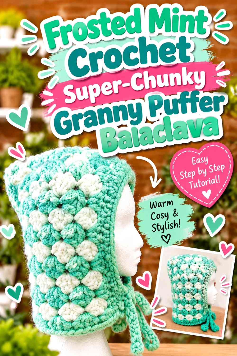 Frosted Mint Crochet Super-Chunky Granny Puffer Balaclava
