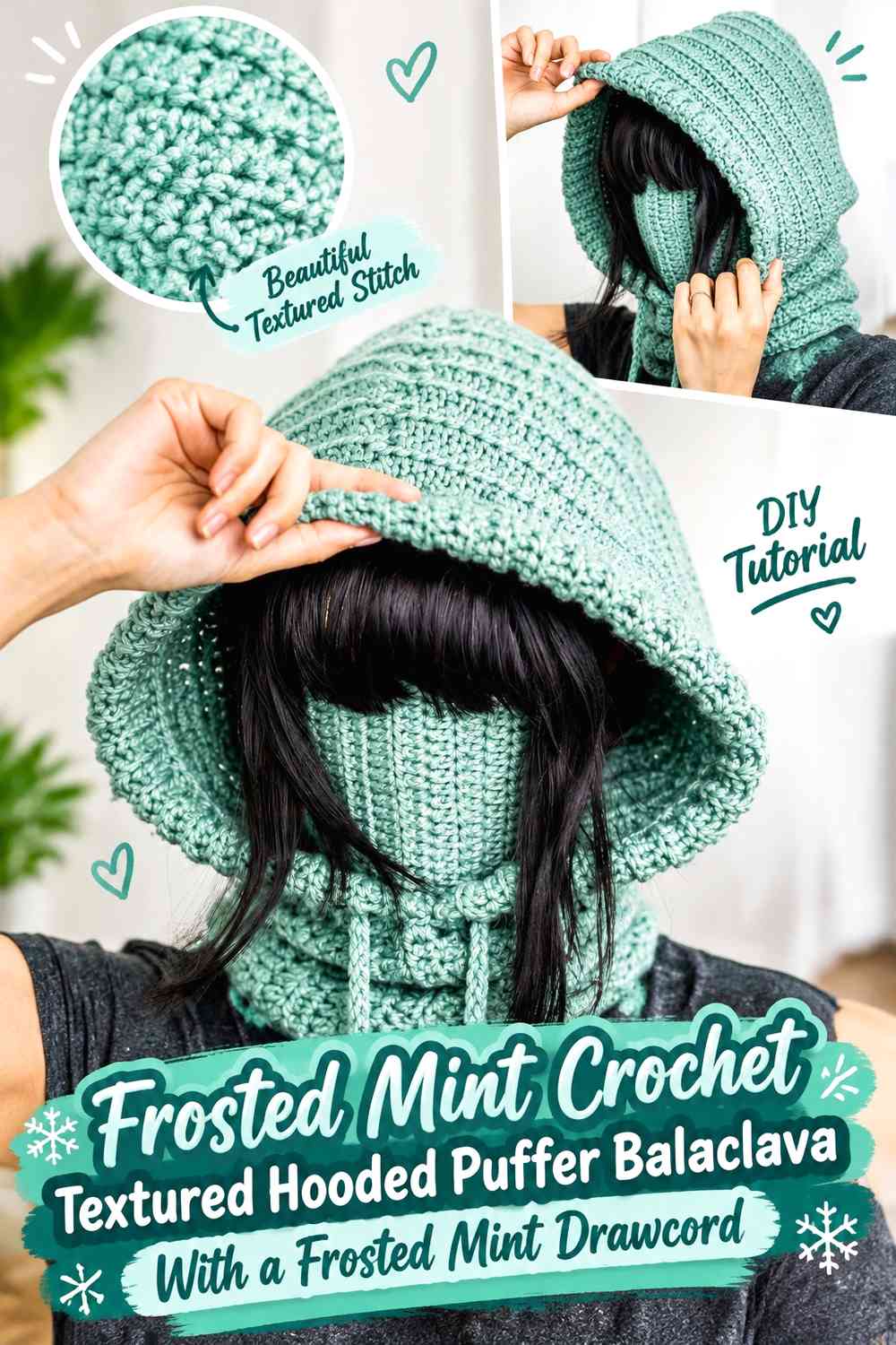 Frosted Mint Crochet Textured Hooded Puffer Balaclava With a Frosted Mint Drawcord