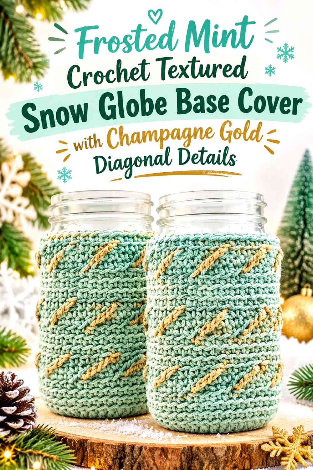 Frosted Mint Crochet Textured Snow Globe Base Cover with Champagne Gold Diagonal Details