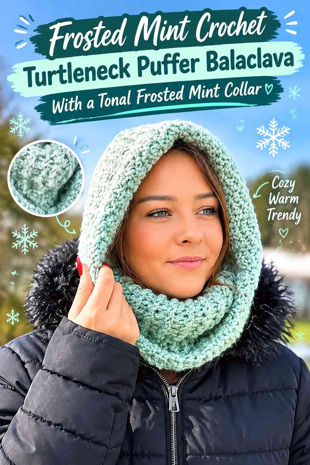 Frosted Mint Crochet Turtleneck Puffer Balaclava With a Tonal Frosted Mint Collar