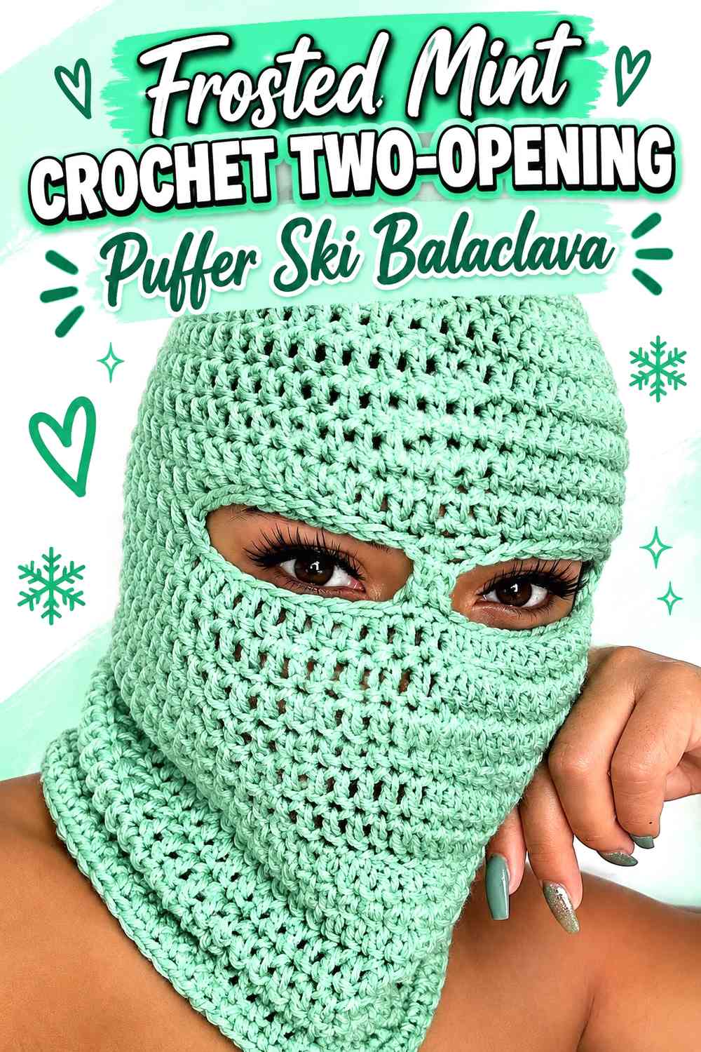 Frosted Mint Crochet Two-Opening Puffer Ski Balaclava