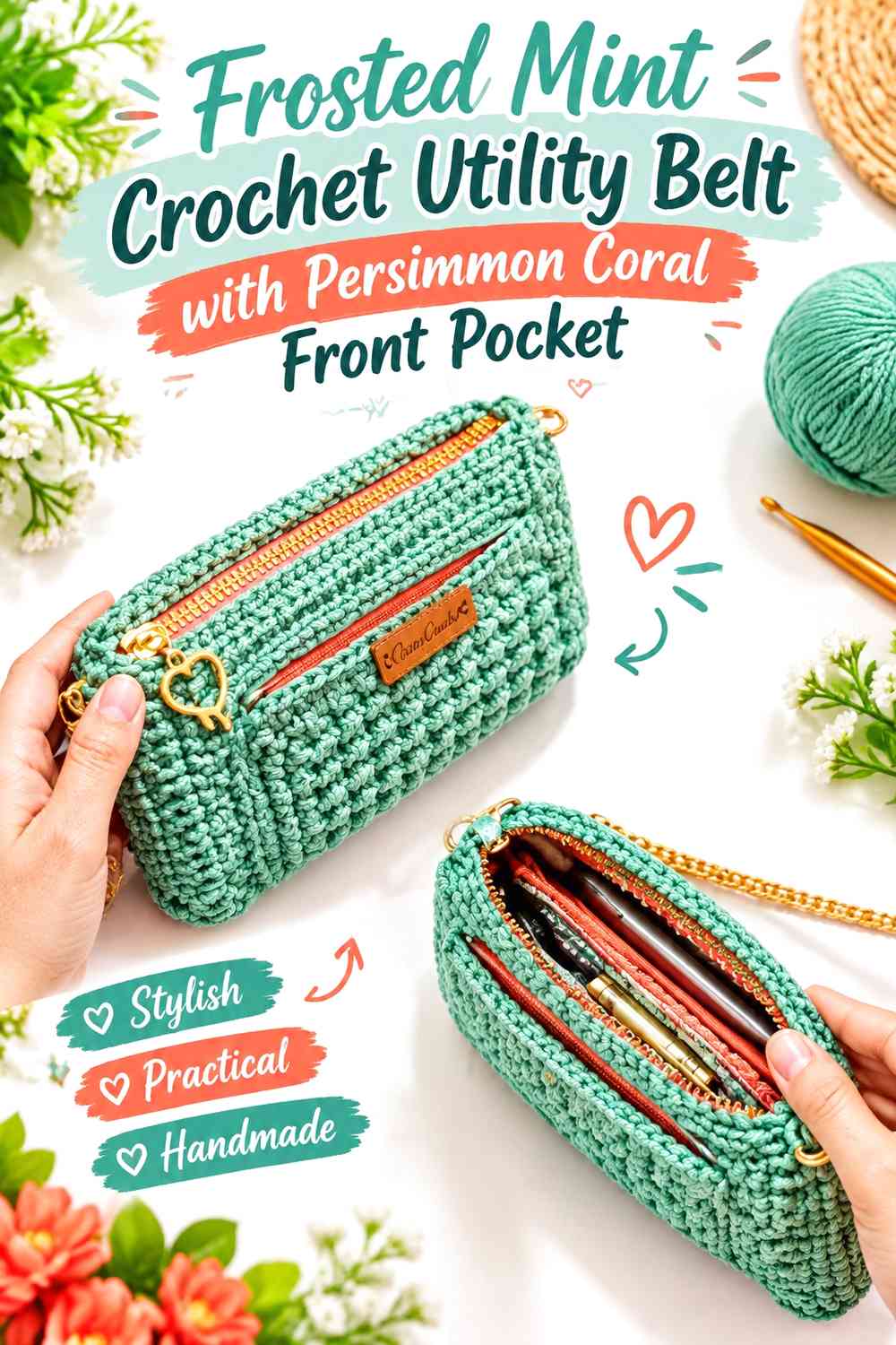 Frosted Mint Crochet Utility Belt with Persimmon Coral Front Pocket