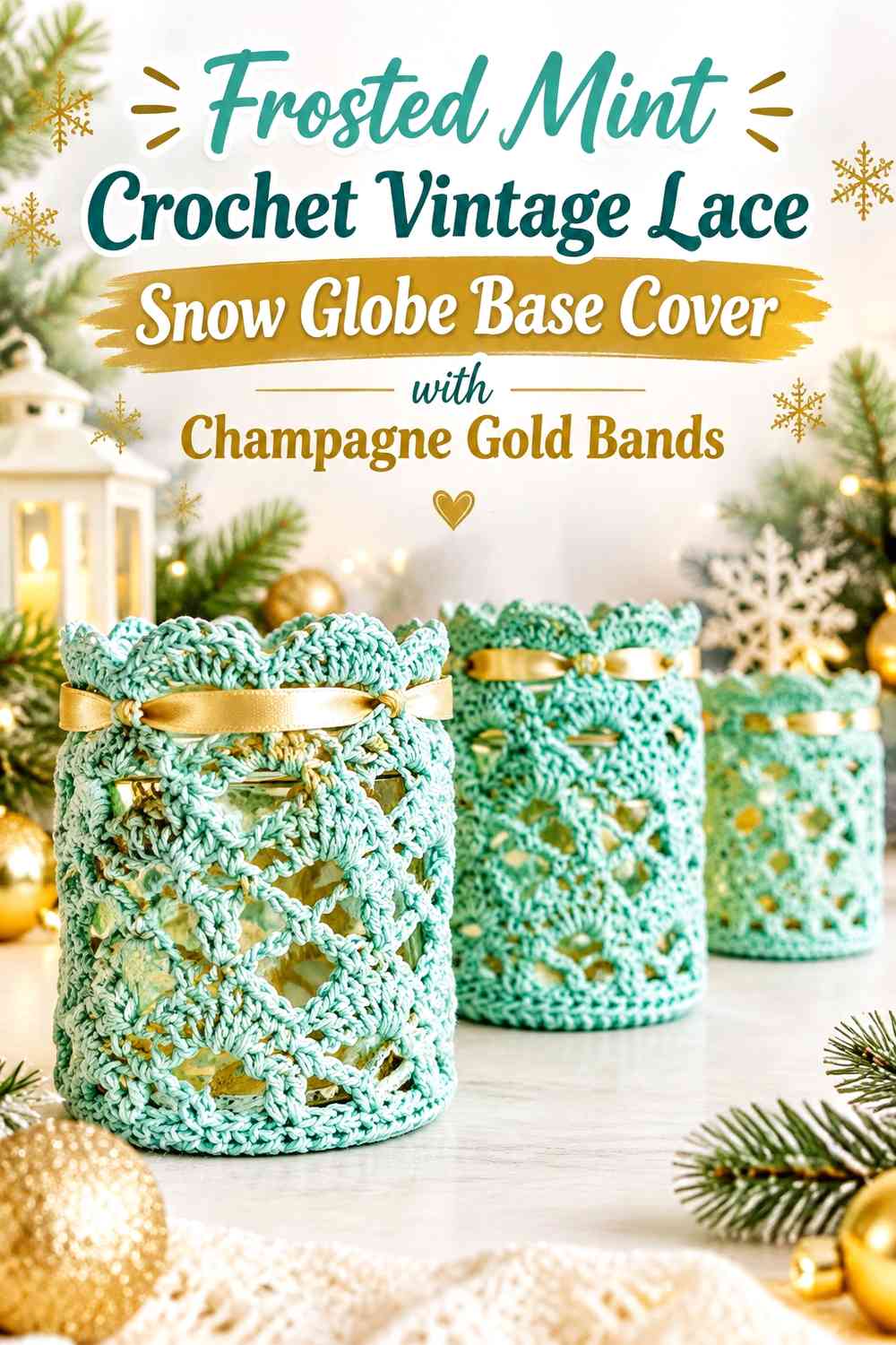 Frosted Mint Crochet Vintage Lace Snow Globe Base Cover with Champagne Gold Bands