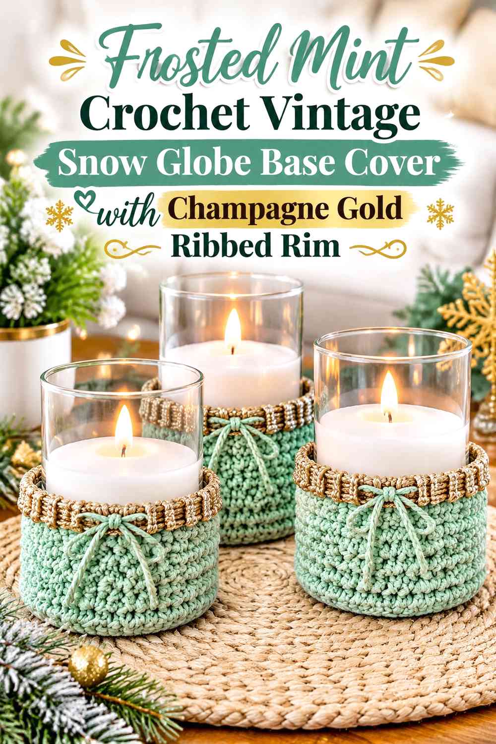 Frosted Mint Crochet Vintage Snow Globe Base Cover with Champagne Gold Ribbed Rim