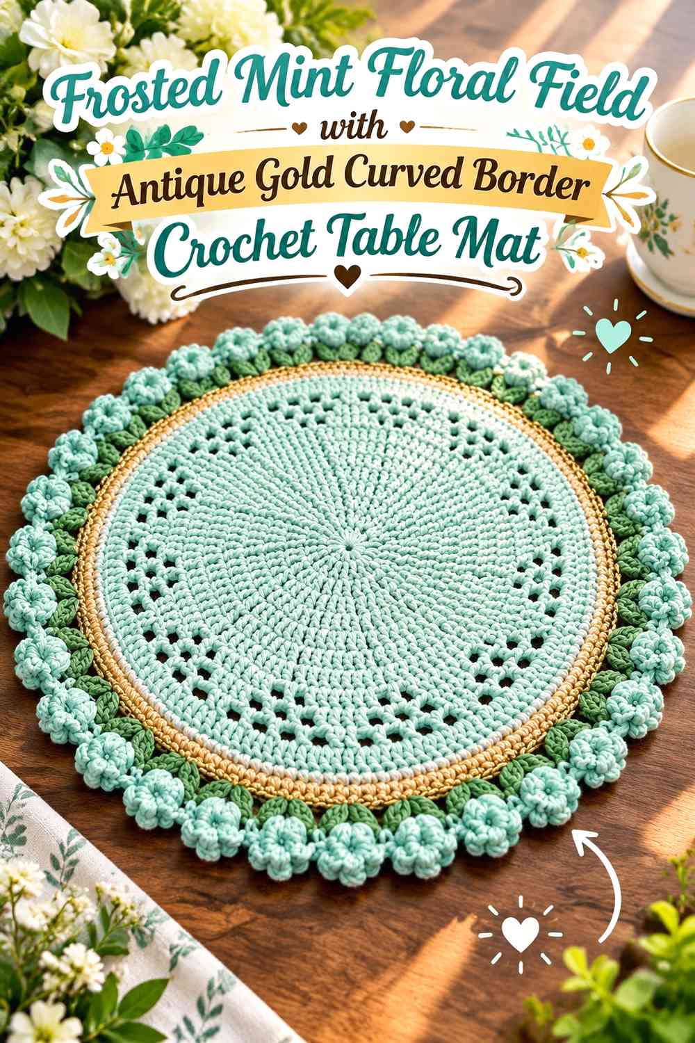 Frosted Mint Floral Field with Antique Gold Curved Border Crochet Table Mat