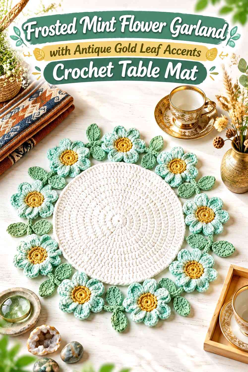 Frosted Mint Flower Garland with Antique Gold Leaf Accents Crochet Table Mat