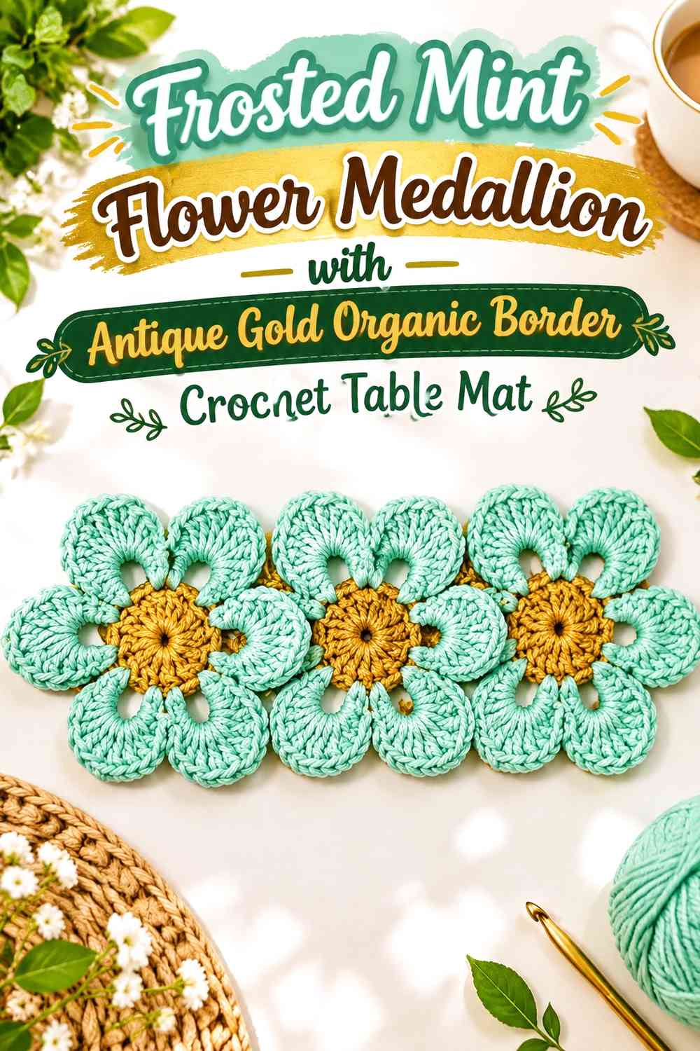 Frosted Mint Flower Medallion with Antique Gold Organic Border Crochet Table Mat