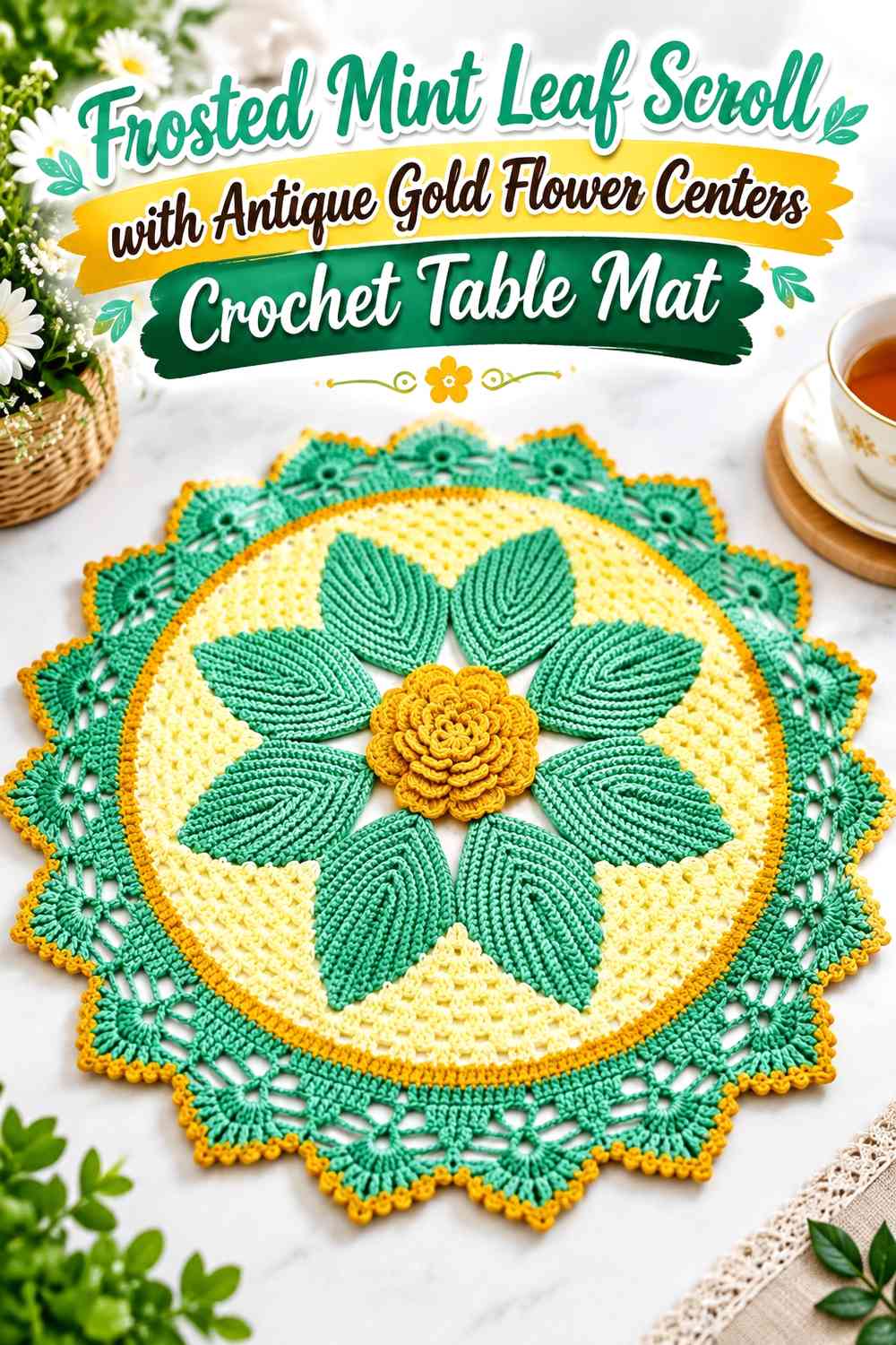 Frosted Mint Leaf Scroll with Antique Gold Flower Centers Crochet Table Mat